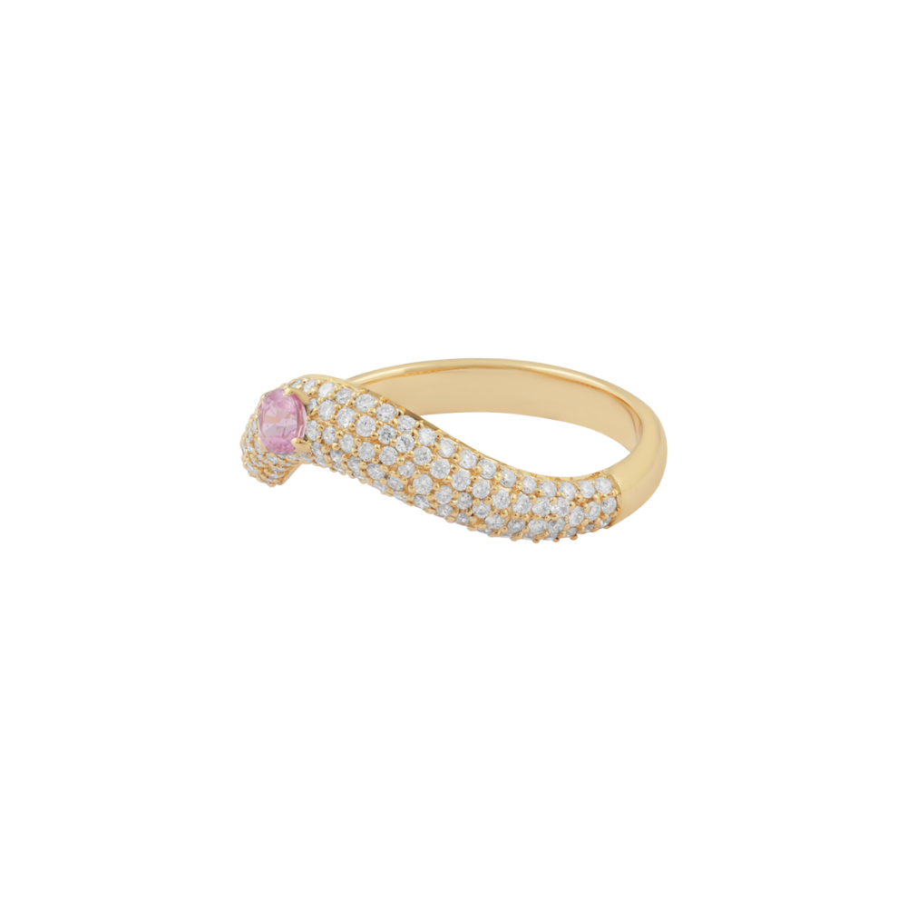 Pave Diamond Wave Ring with Pink Sapphire