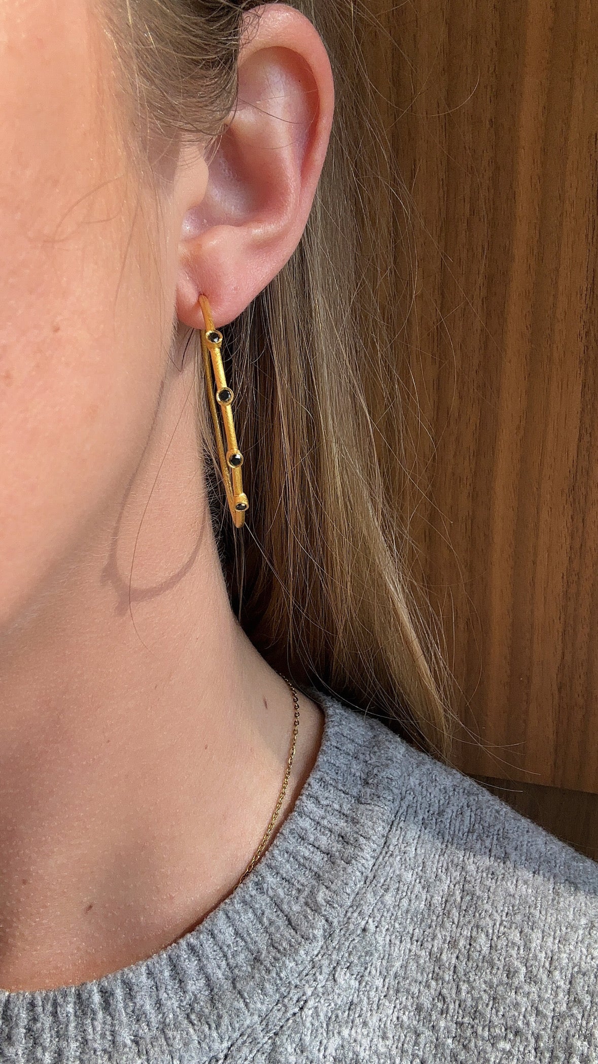 Vintage Blue Sapphire brushed gold hoops