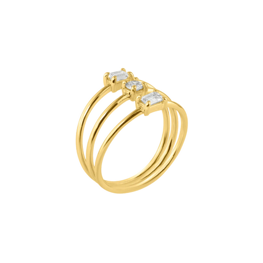 Emerald and Round Diamond Triple Stacking Ring