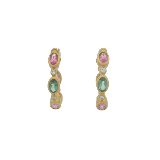 Brushed Gold Pink and Green Sapphire Hoops – Henri Noël