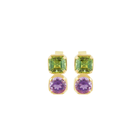 Green Tourmaline and Amethyst Studs