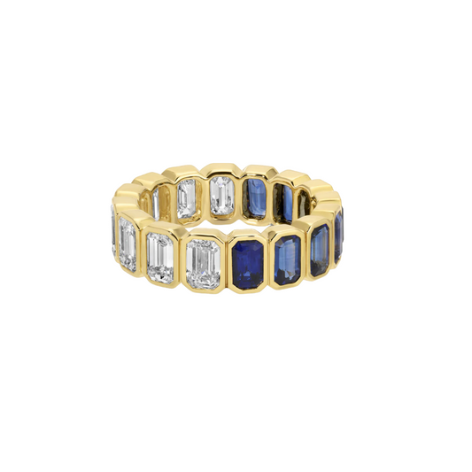 Half Blue Sapphire Half Diamond Bezel Eternity Band