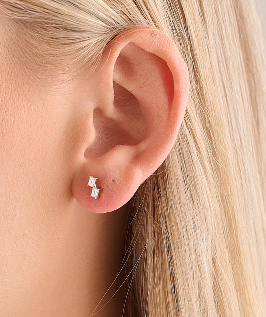 Double Emerald Cut Diamond Studs