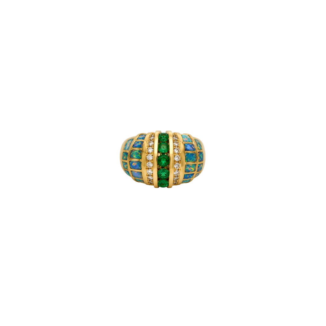 Estate Kabana Blue Fire Opal, Diamond and Emerald Ring