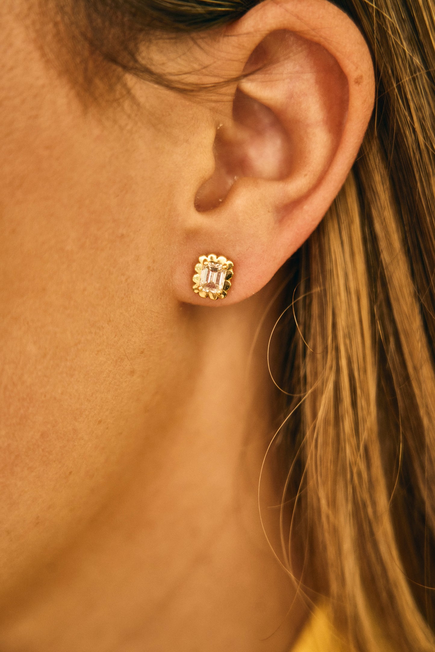 Scalloped Emerald Diamond Studs