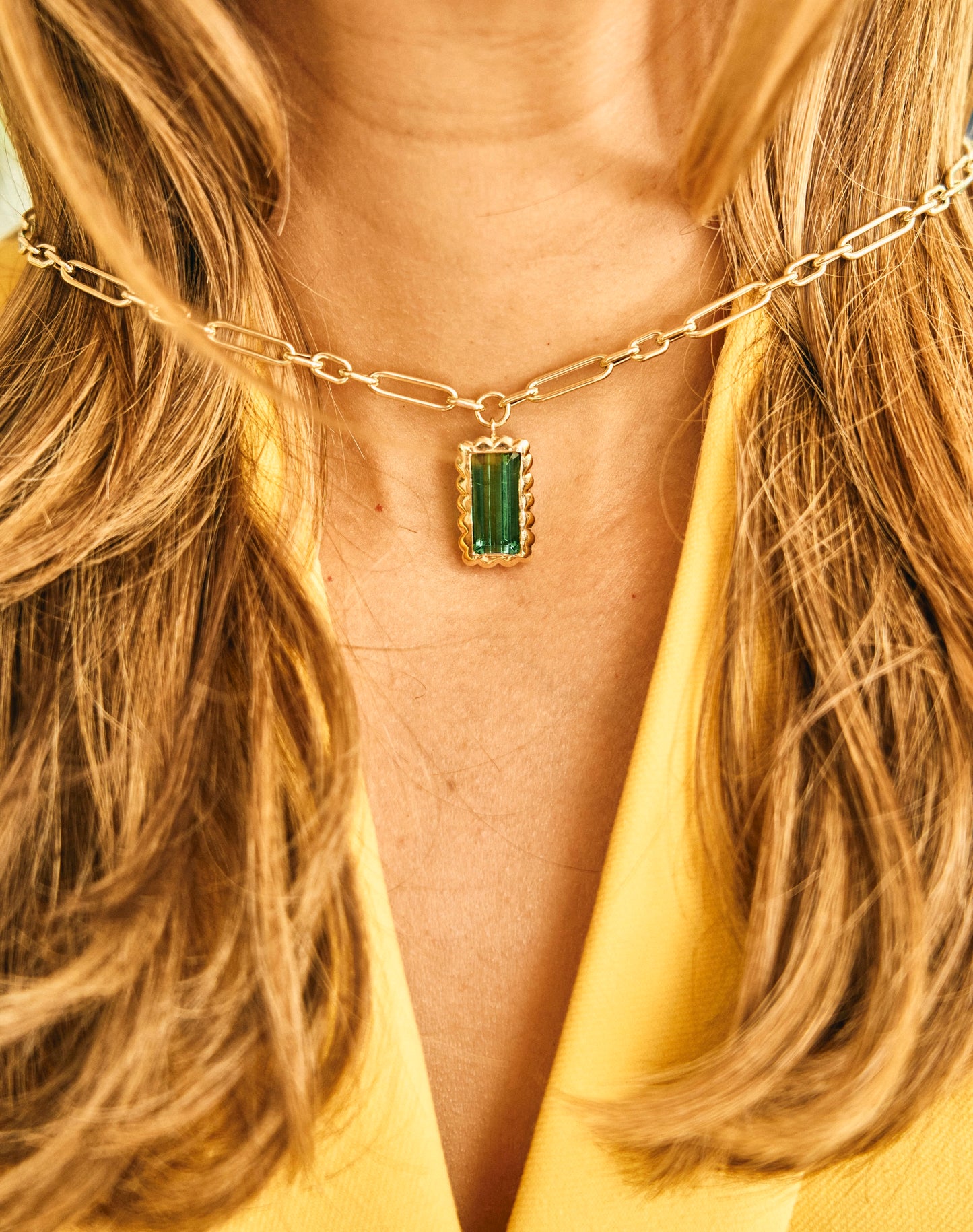 Scalloped Bezel Rectangular Tourmaline Pendant Necklace