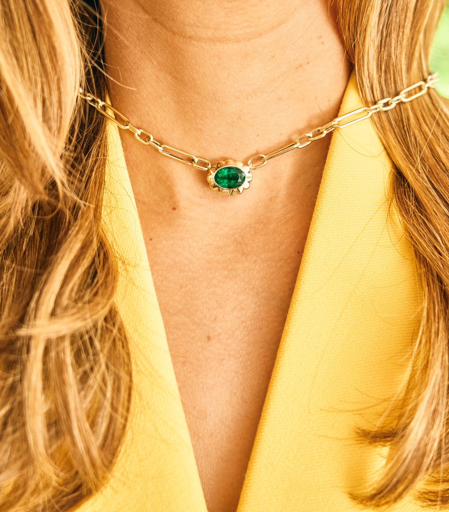 Scalloped Bezel Oval Emerald Pendant Necklace