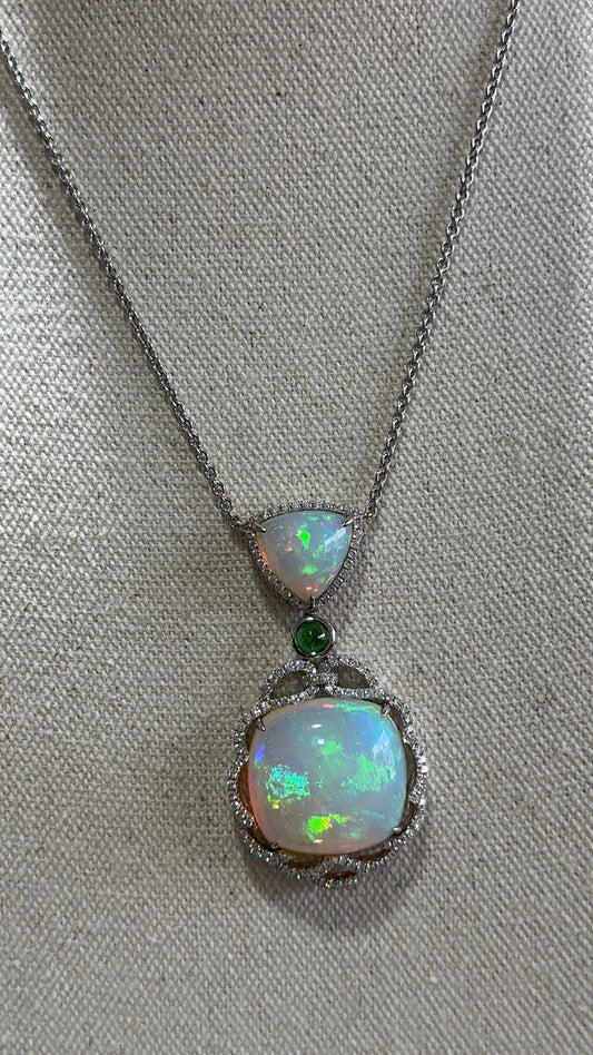 Estate Spark Opal and Diamond Pendnat Necklace