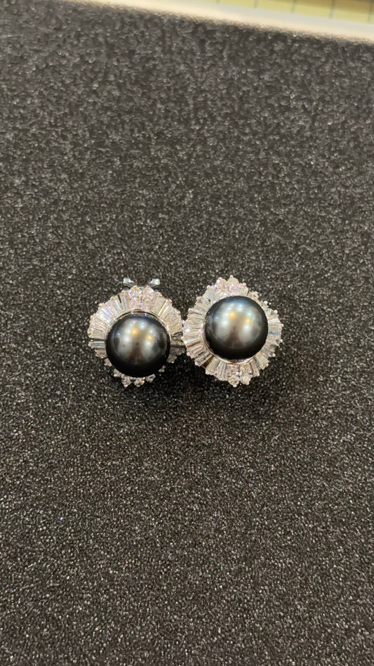 Vintage Black Pearl and Diamond Earrings