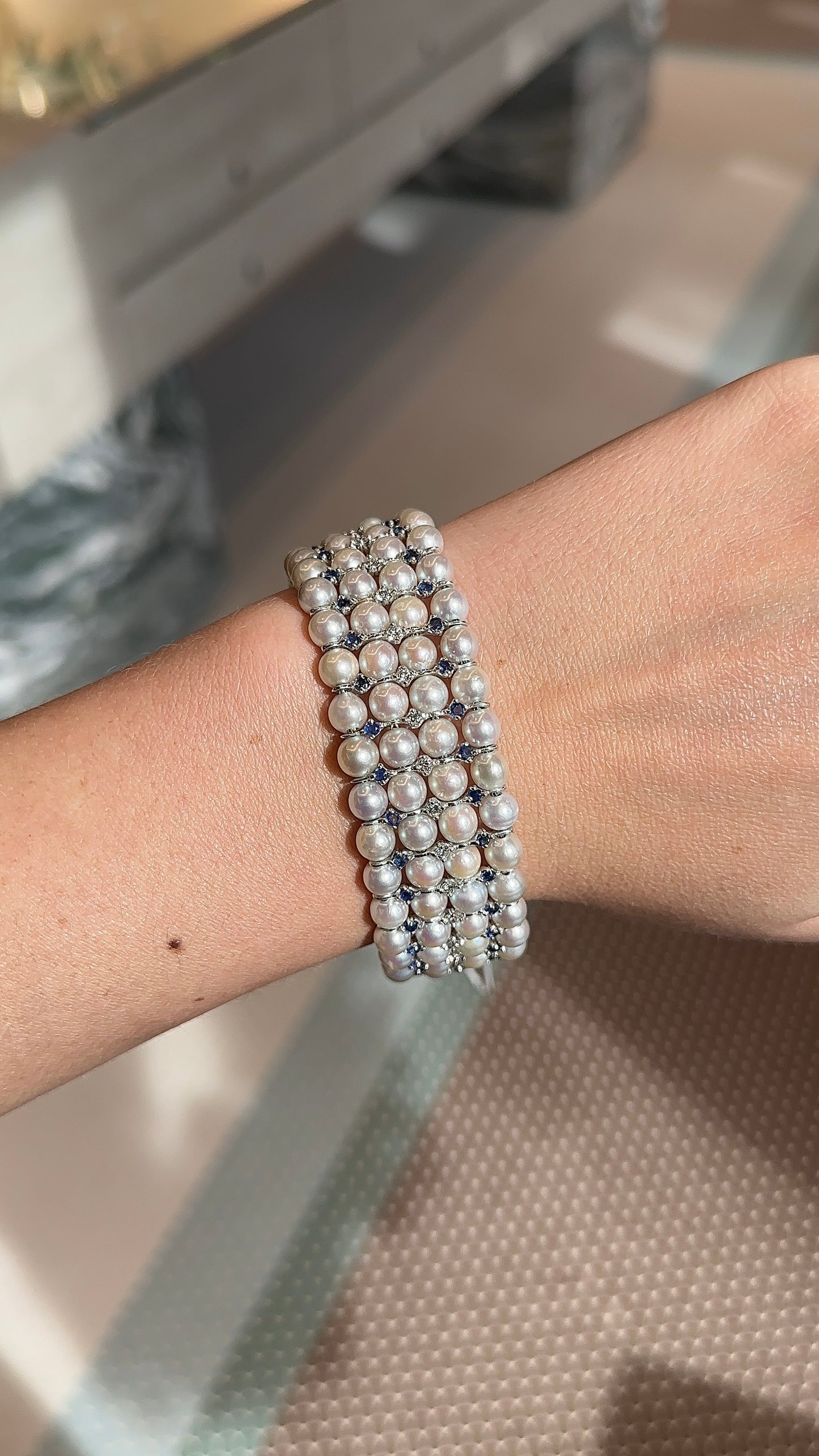 Estate Diamond, Blue Sapphire and Pearl Bracelet