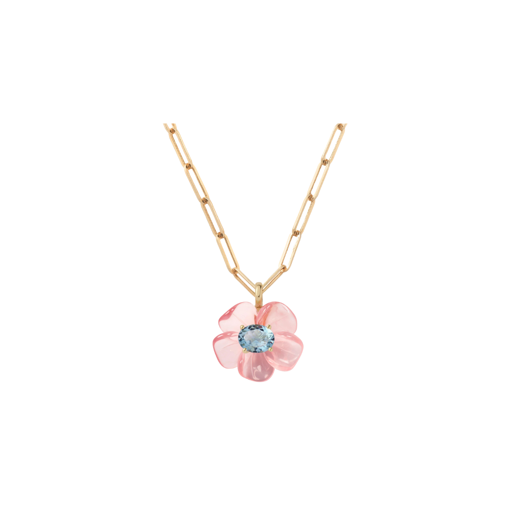 Sophie Joanne- Island Flower Pendant Big Rose Quartz Aquamarine