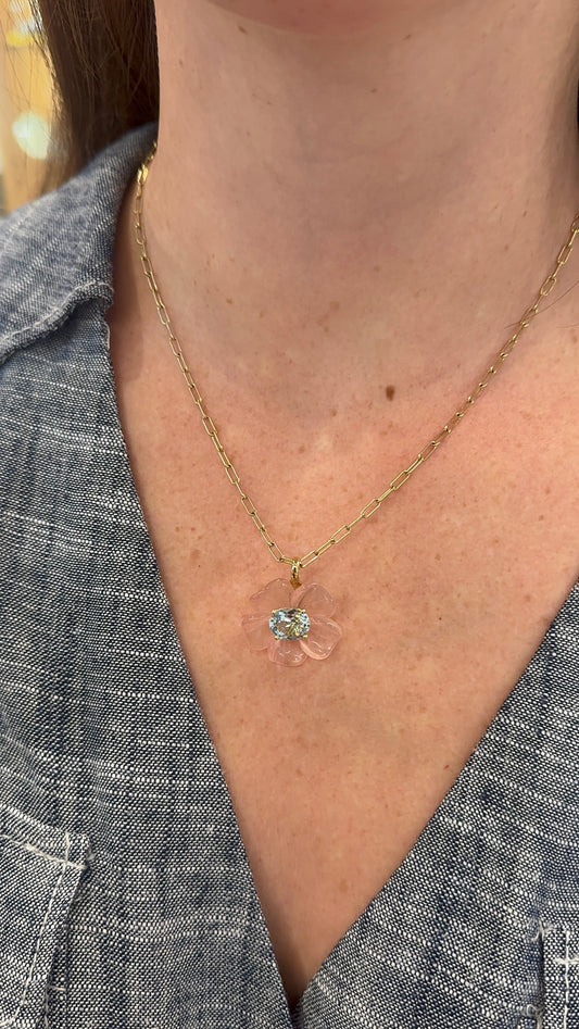 Sophie Joanne- Island Flower Pendant Big Rose Quartz Aquamarine