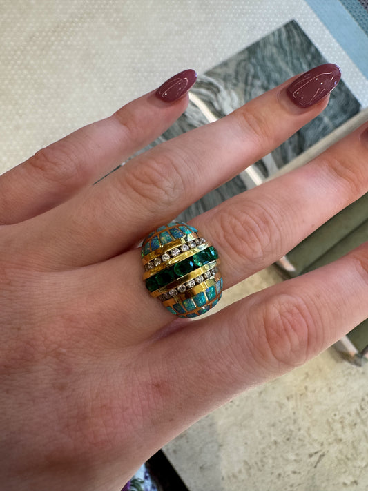 Estate Kabana Blue Fire Opal, Diamond and Emerald Ring