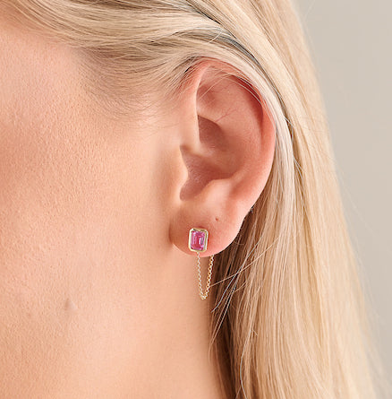 Emerald Cut Gemstone Chain Drop Earrings