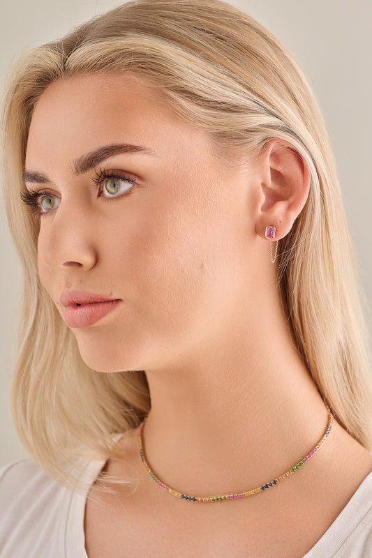 Emerald Cut Gemstone Chain Drop Earrings