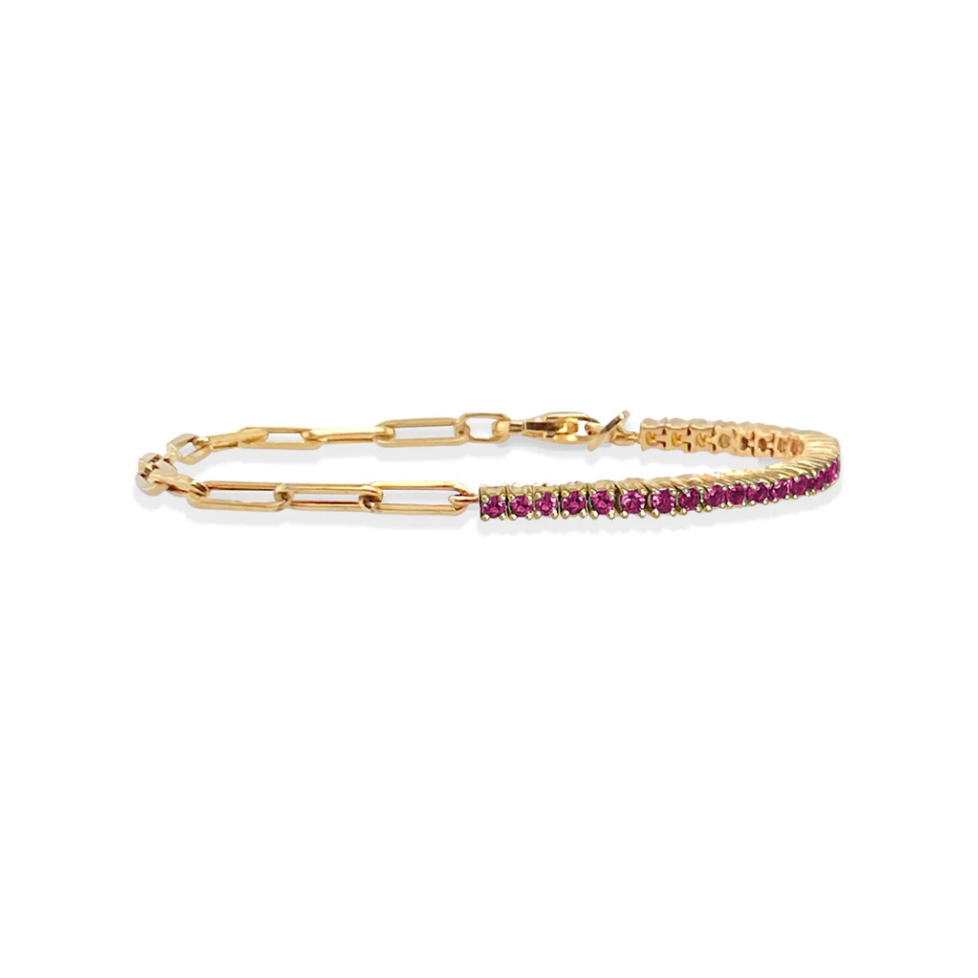 14KT Gold Pink Sapphire Diamond Link on Chain Bracelet