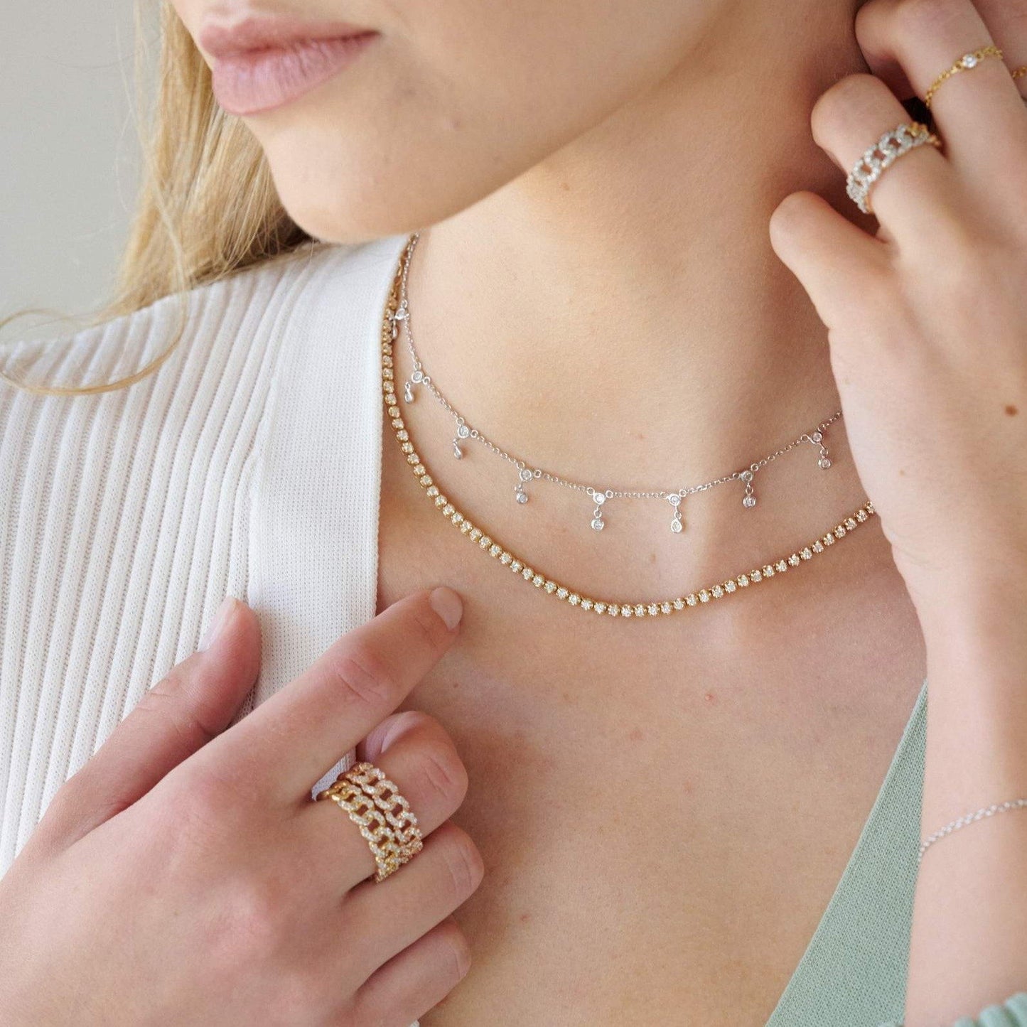 Double Diamond Drop Station Necklace
