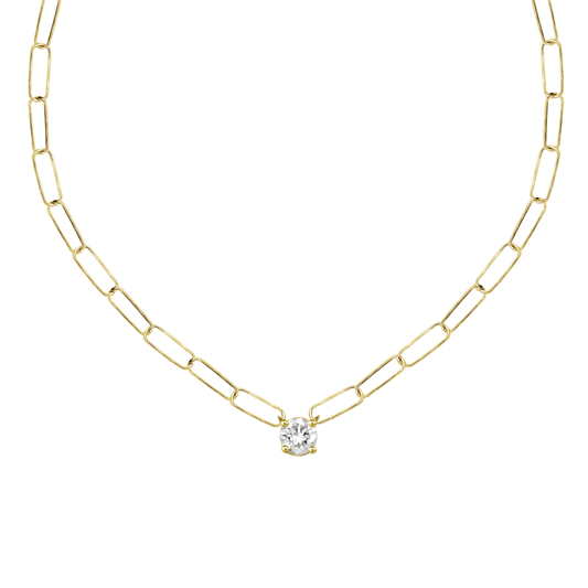 A gold paperclip chain necklace with a single round diamond solitaire pendant.