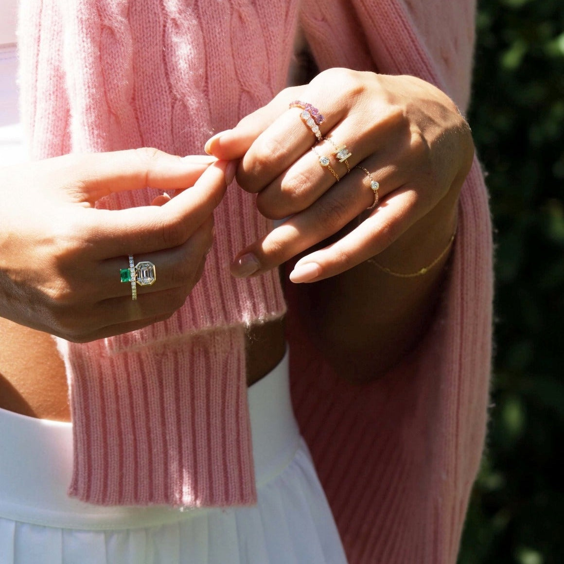 Emerald Baguette and Cluster Diamond Ring