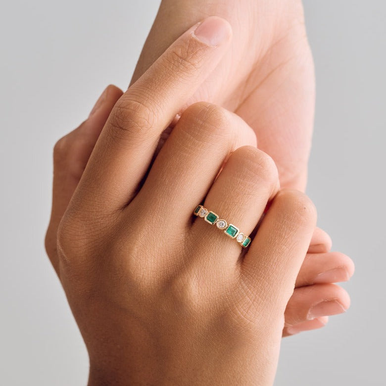 Bezel Emerald and Diamond Eternity Band