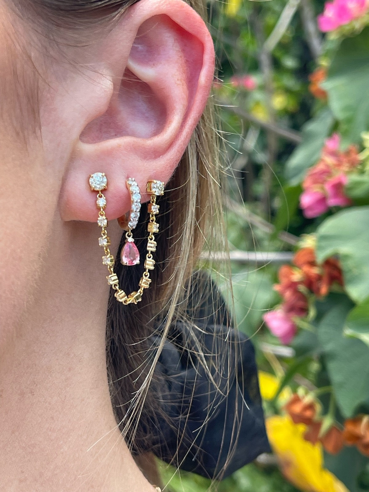 Pink Sapphire Diamond Hoop Drops
