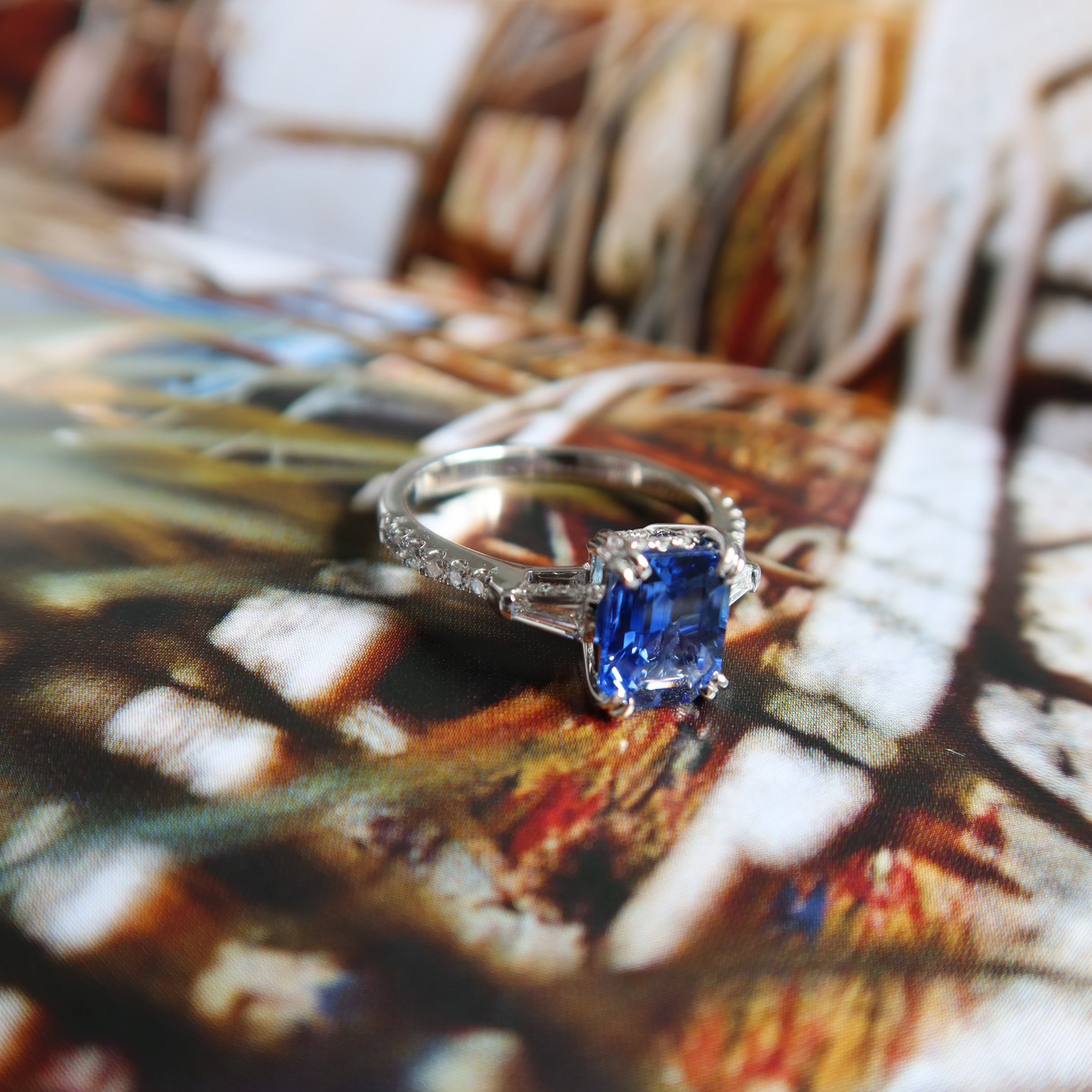 Vintage Blue Sapphire Diamond Baguette Ring