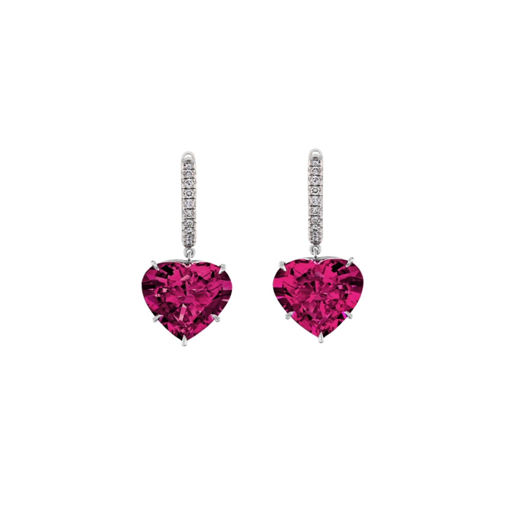 Heart Shaped Rubelite Drop Diamond Hoops