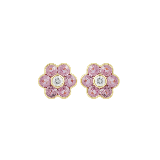 Pink Sapphire and Diamond Flower Studs