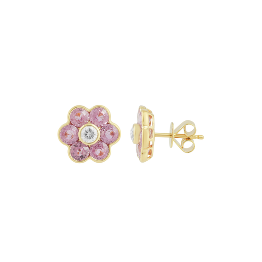 Pink Sapphire and Diamond Flower Studs