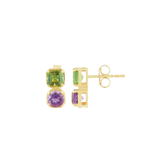 Green Tourmaline and Amethyst Studs