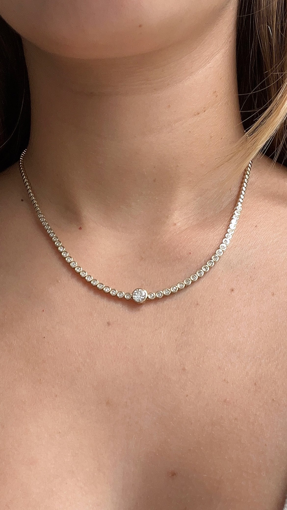 Center Diamond Half Bezel Tennis Necklace