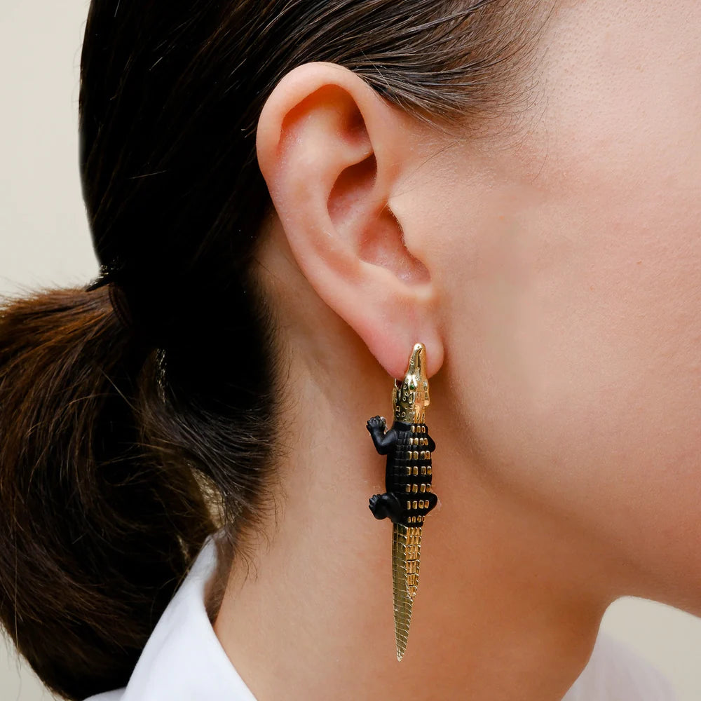 Alligator Ebony Wood with Gold Studs Bite Earrings Large – Henri Noël
