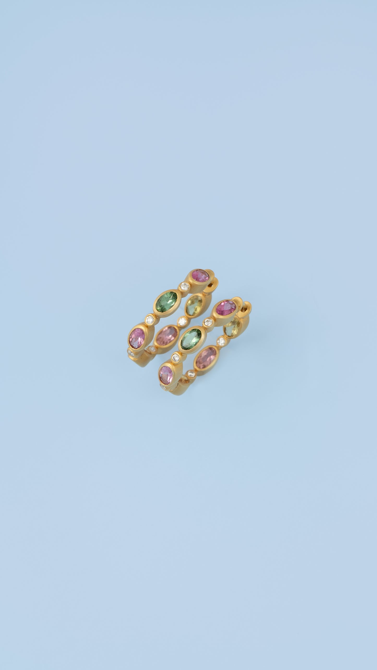 Brushed Gold Pink and Green Sapphire Hoops – Henri Noël