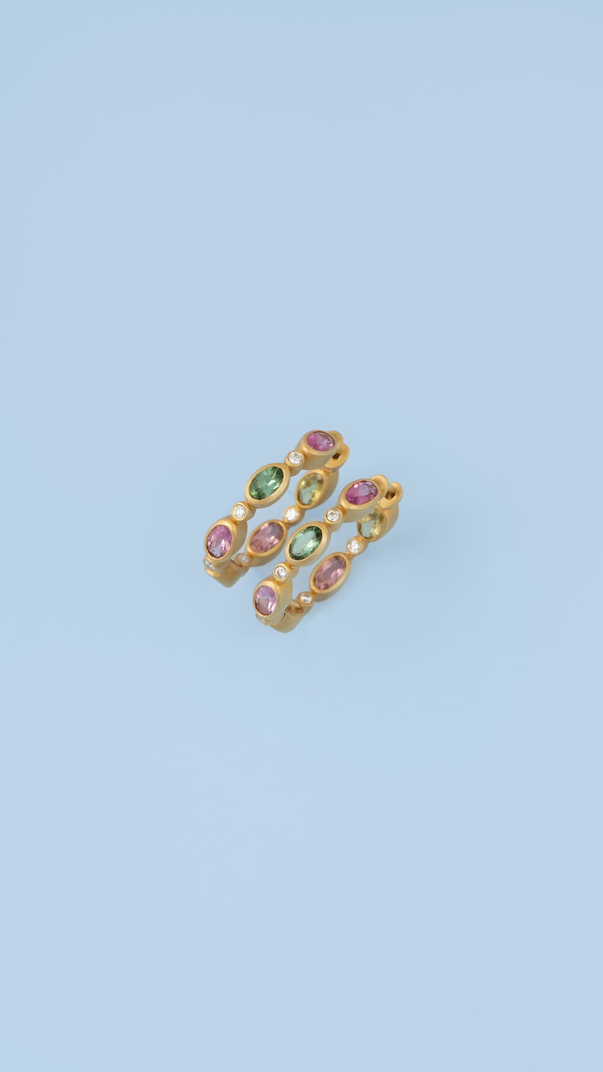 Brushed Gold Pink and Green Sapphire Hoops – Henri Noël