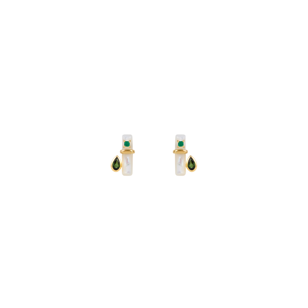 Carolina Neves- Mother of Pearl, Green Tourmaline and Emerald Earrings – Henri Noël