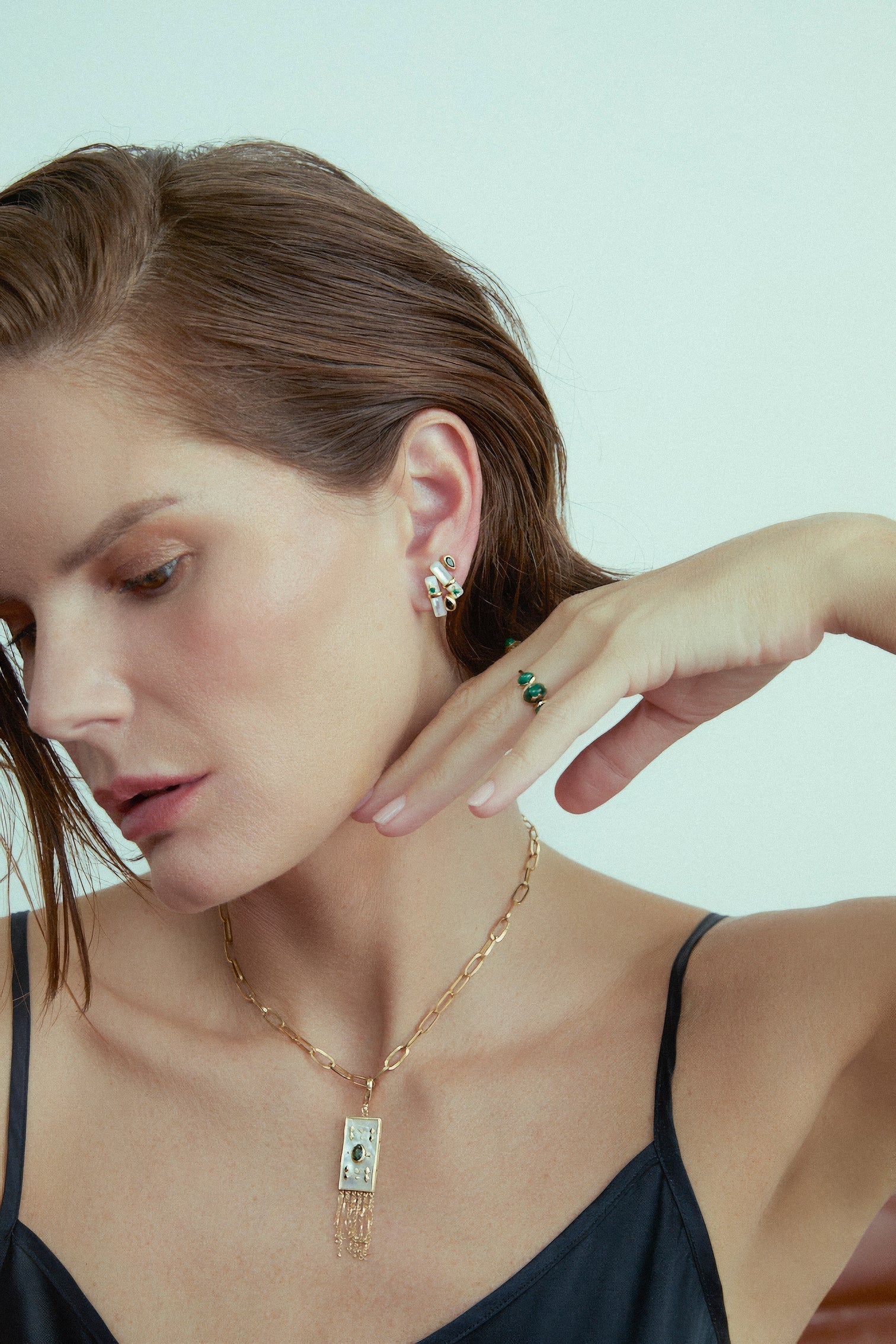 Carolina Neves- Mother of Pearl, Green Tourmaline and Emerald Earrings – Henri Noël