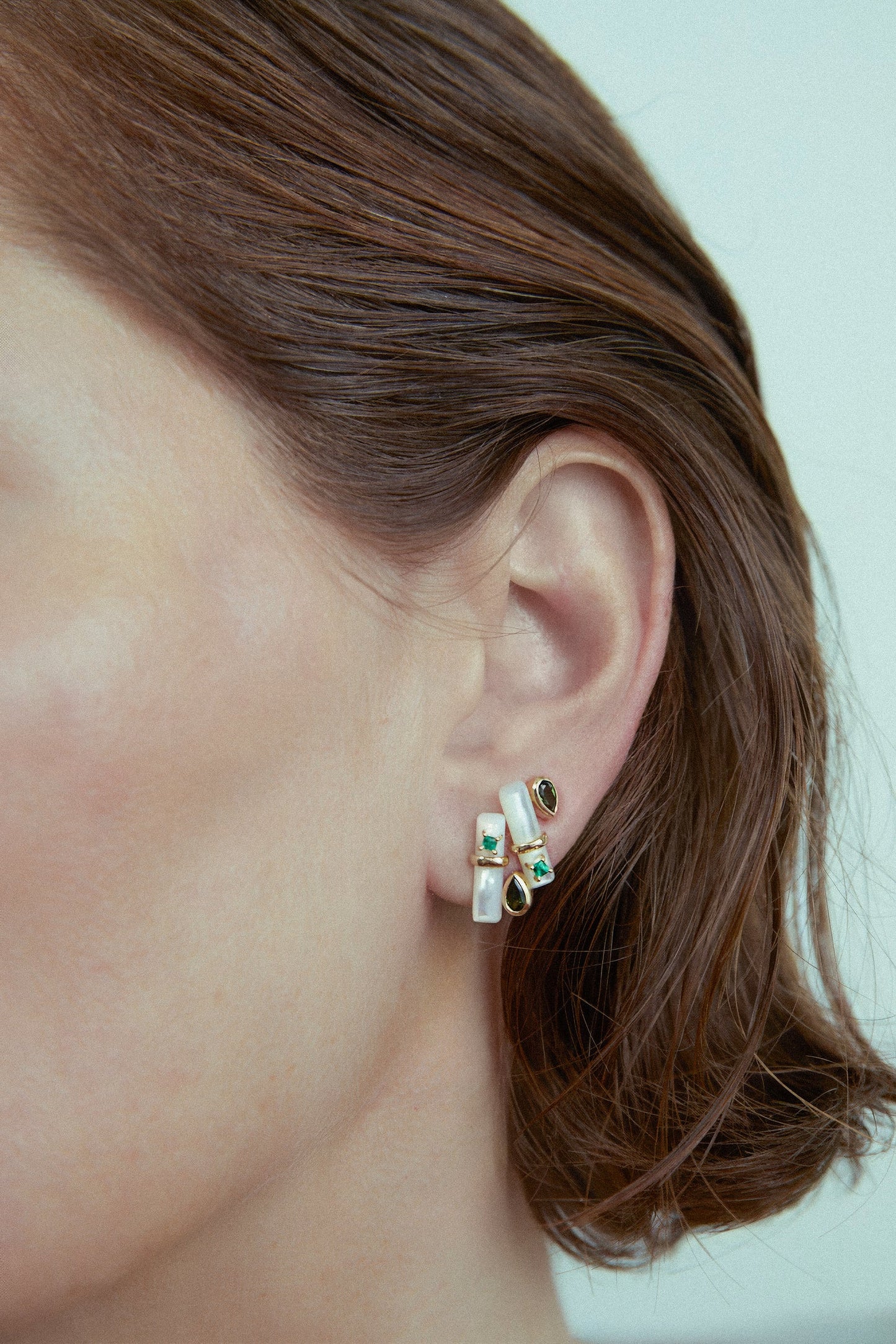 Carolina Neves- Mother of Pearl, Green Tourmaline and Emerald Earrings – Henri Noël