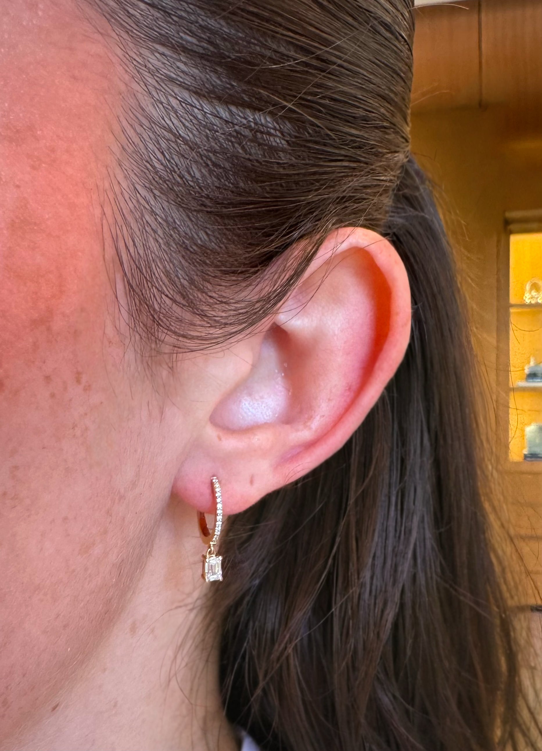 Diamond Huggies with Emerald Cut Diamond Drop – Henri Noël