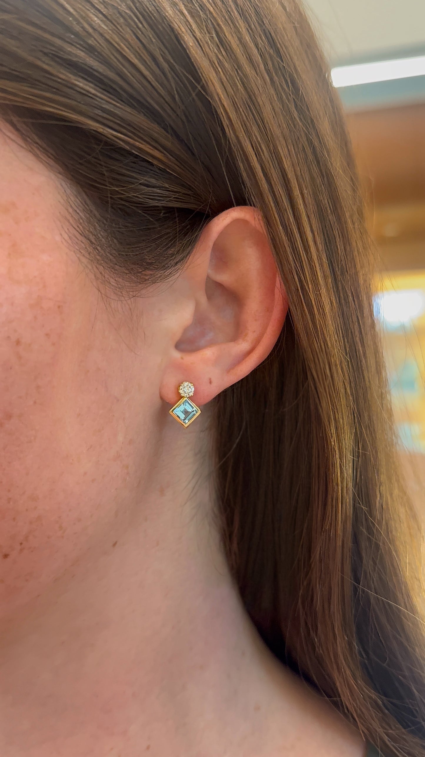Estate Bezel Blue Topaz and Diamond Studs