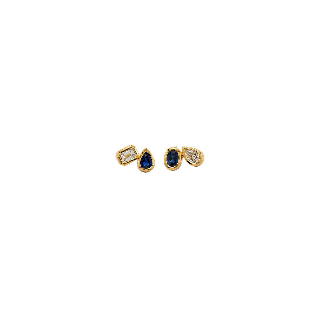 Fancy Shape Bezel Diamond and Blue Sapphire Studs