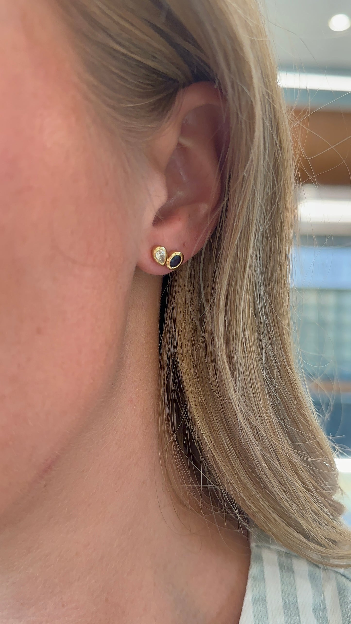 Fancy Shape Bezel Diamond and Blue Sapphire Studs