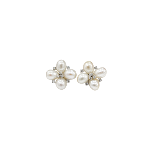 Flower Diamond and Pearl Earrings