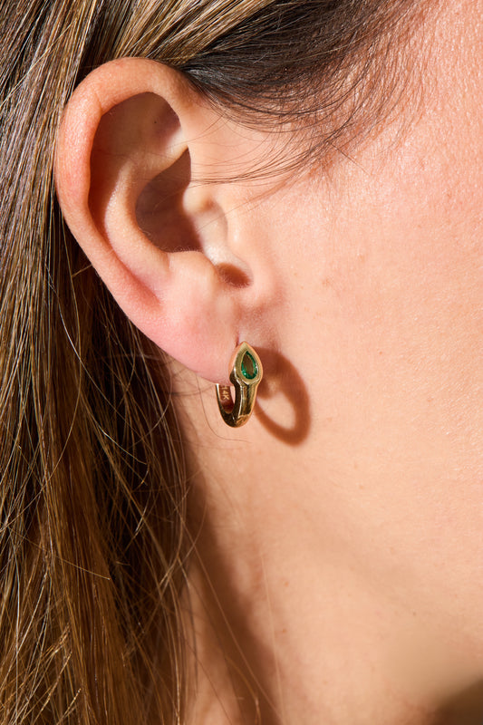 Bezel Pear Cut Emerald Huggies