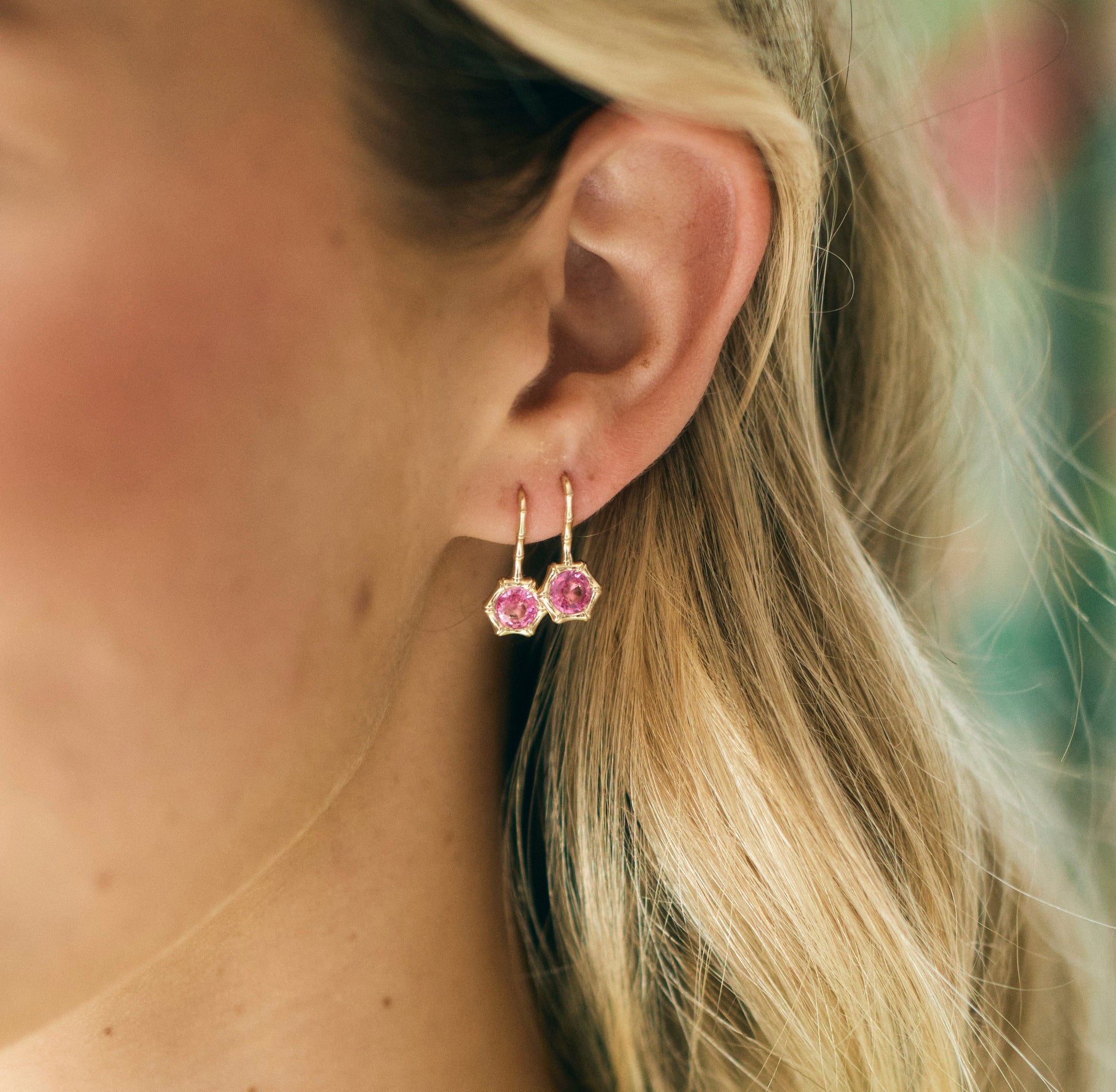 Bamboo Bezel Pink Sapphire Earrings – Henri Noël