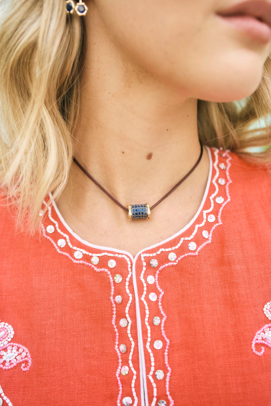 Large Bamboo Blue Sapphire Barrel Necklace