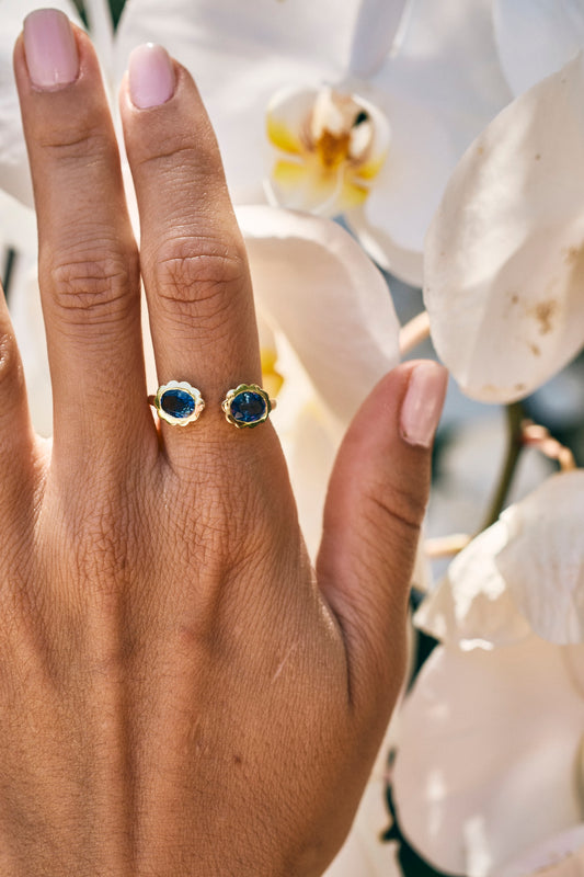 Oval Blue Sapphire Scalloped Cuff Ring
