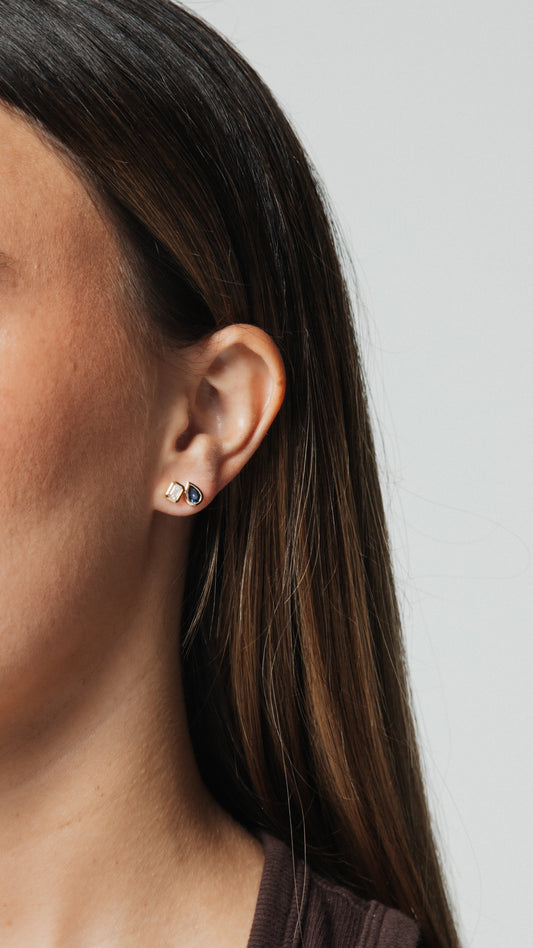 Fancy Shape Bezel Diamond and Blue Sapphire Studs