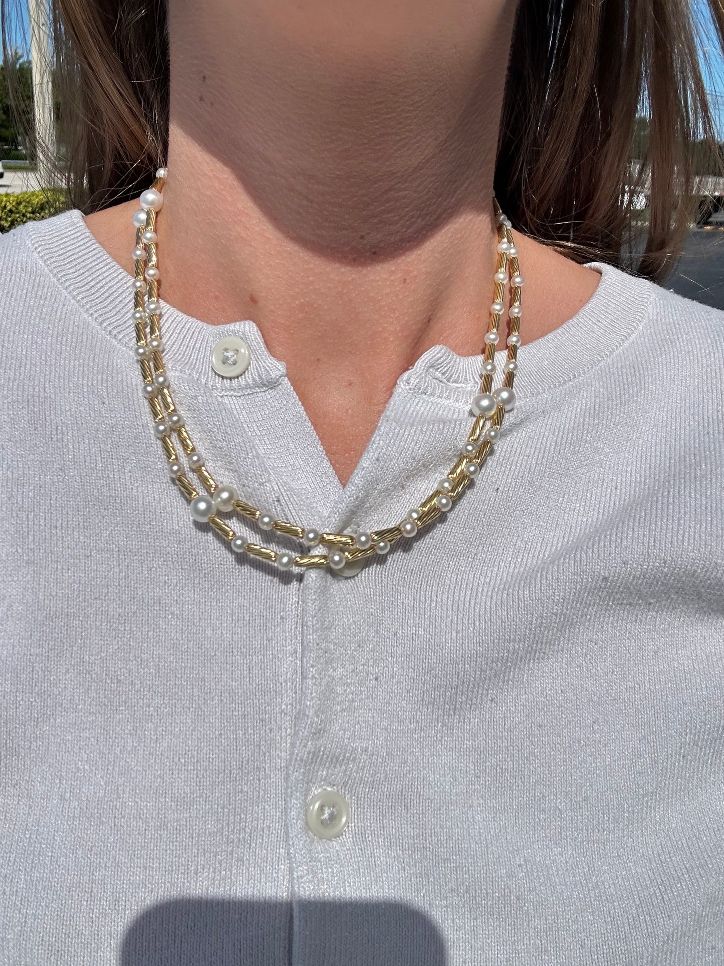 Estate David Yurman Pearl & Gold Bar Necklace