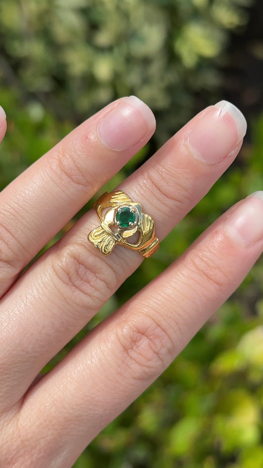 Estate Emerald and Gold Claddagh Ring