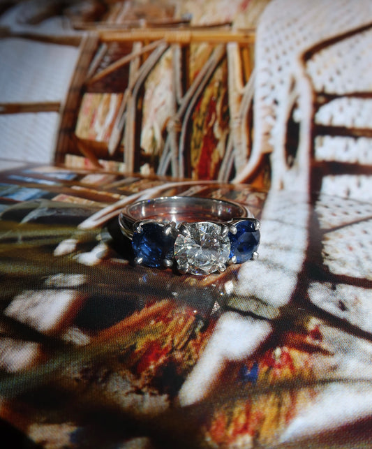 Vintage Blue Sapphire and Round Diamond Tri-Stone Ring